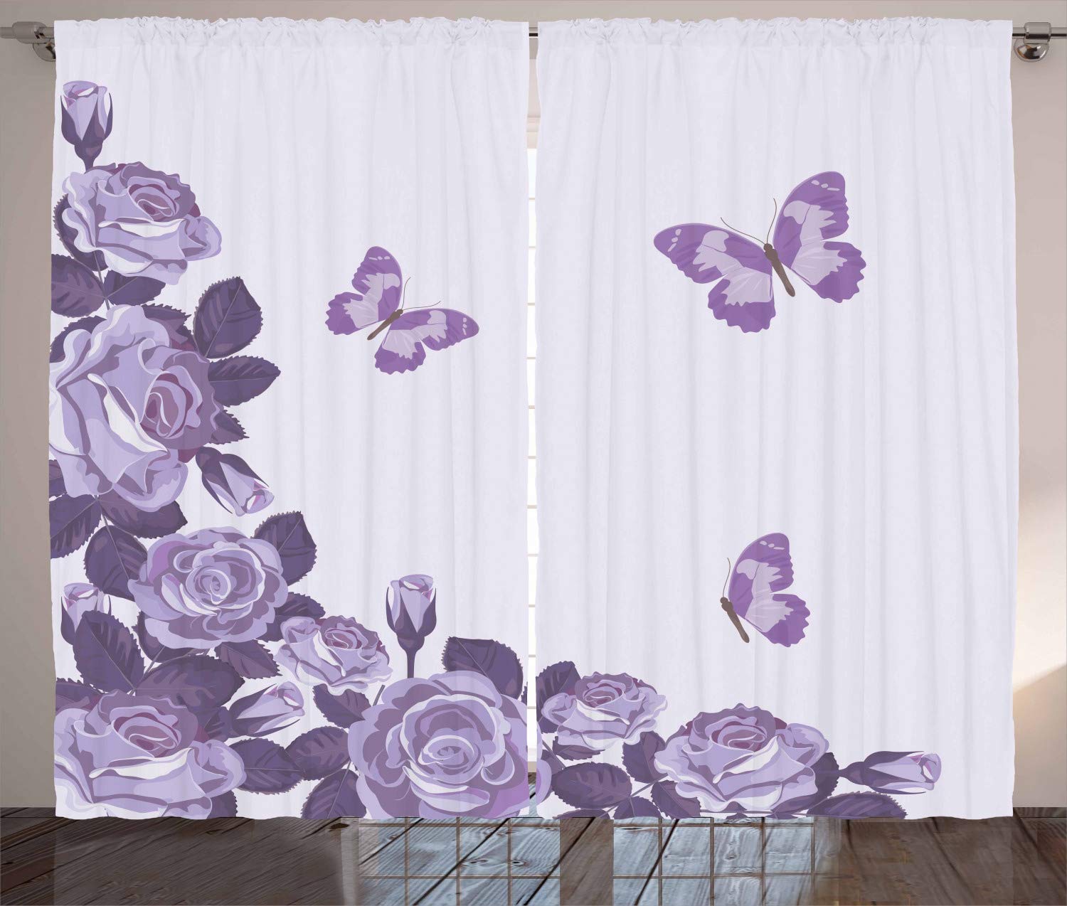 ABAKUHAUS Lilac Curtains, Bridal Composition with Rose Buds Blossoms Flying Butterflies Summer Wedding, Living Room Bedroom Window Drapes 2 Panel Set, 102 L X 110 W, Lilac and Violet