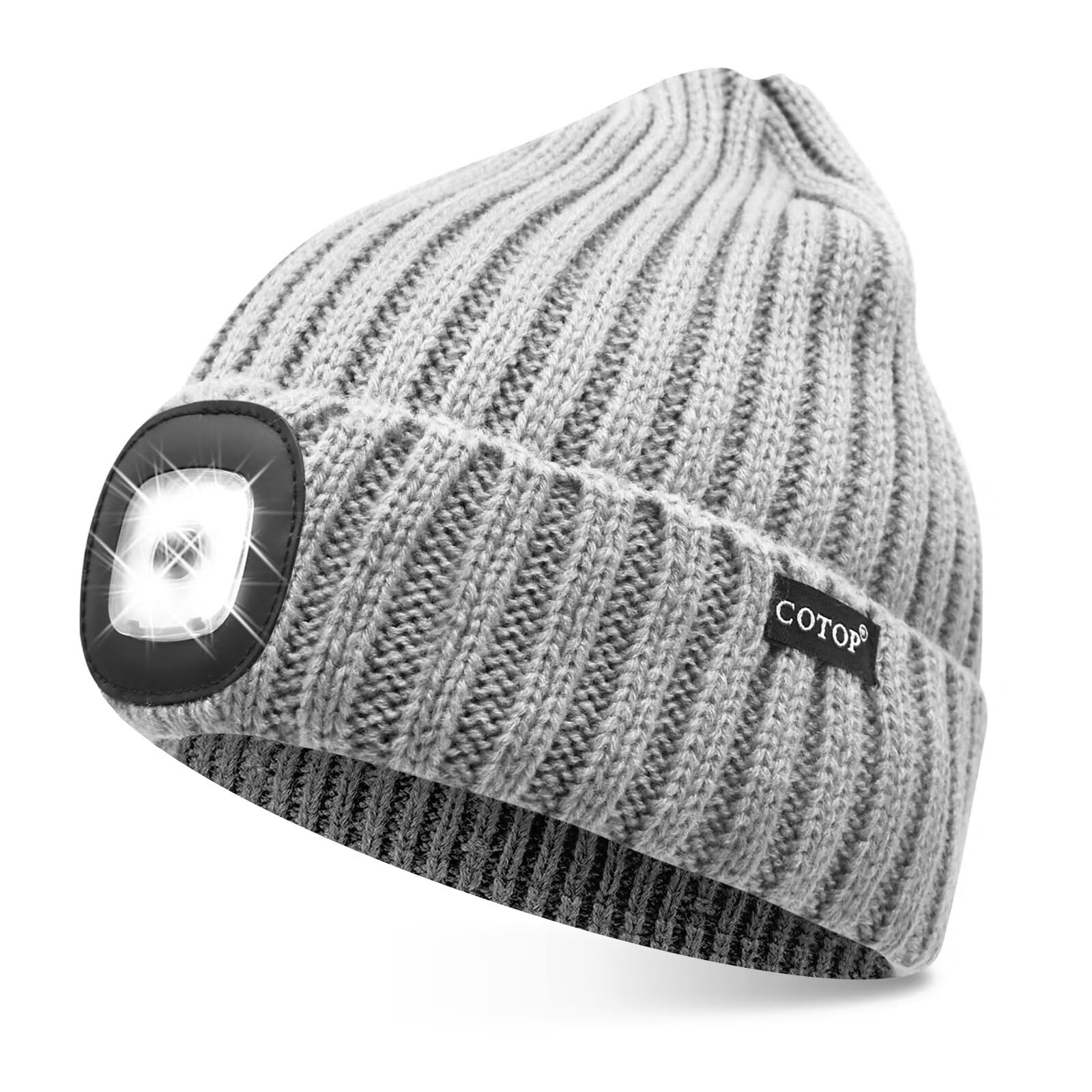 COTOP LED Beanie with Light,USB Rechargeable Hat Hands Free 4 LED Headlamp Cap Winter Knitted Night Lighted Hat Flashlight Women Men Gifts for Dad Him Husband Gray