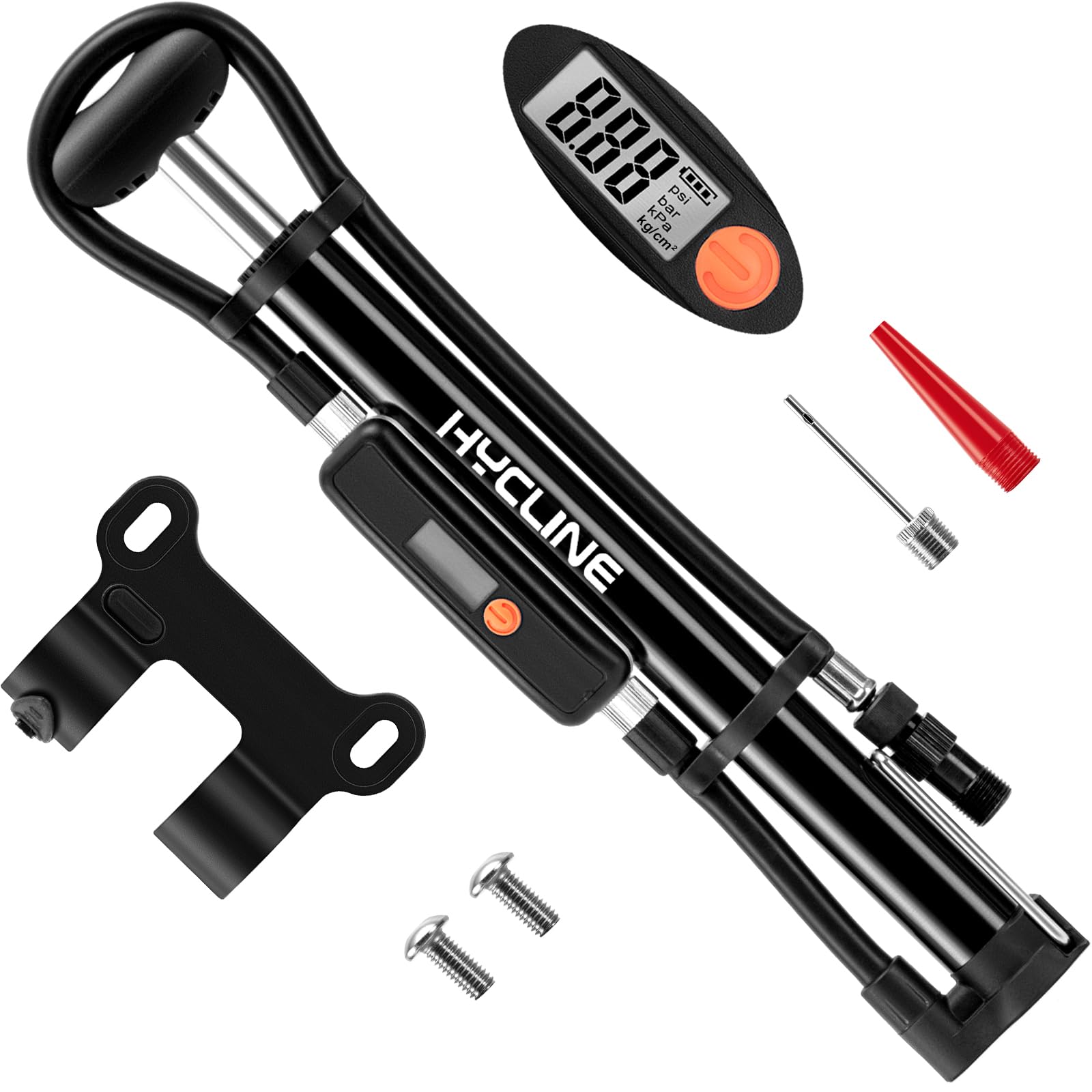 Photo 1 of Hycline Mini Bike Pump with Digital Gauge: High Pressure Portable Bicycle Frame Pump for Road BMX MTB Tires - Aluminum Alloy Fork Pump for Presta Schrader Valves - Black