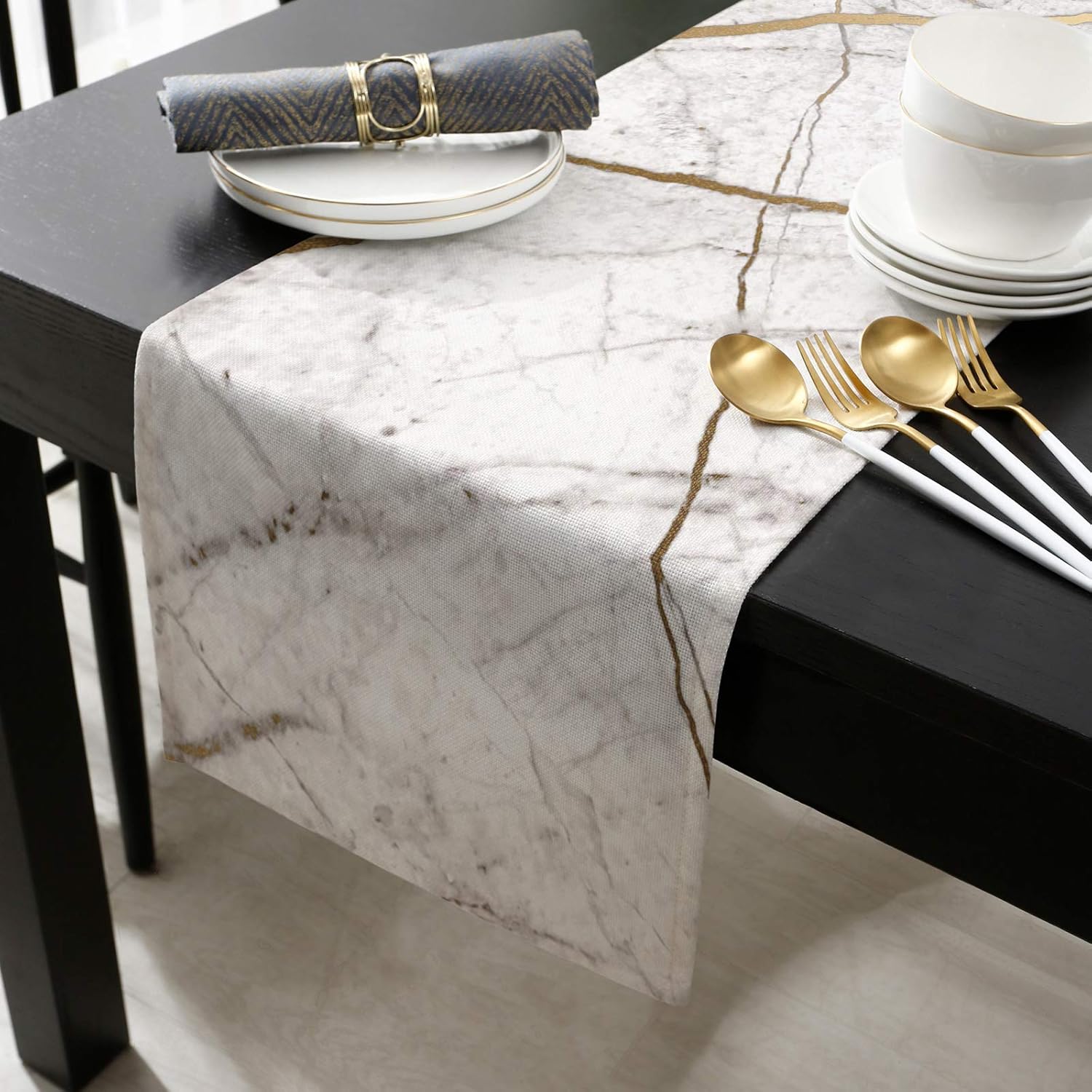 Marble Table Runner-Cotton linen-Long 108 inche White Gray Gold Dresser Scarves,Texture Tablerunner for Kitchen Coffee/Dining/Sofa/End Table Bedroom Home Living Room,Scarf Decor for Holiday Dinner: Home & Kitchen