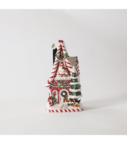 Blue Sky Clayworks Hello Kitty Gingerbread Christmas Candle House - 9.75" Ceramic Holiday Decoration With Friends
