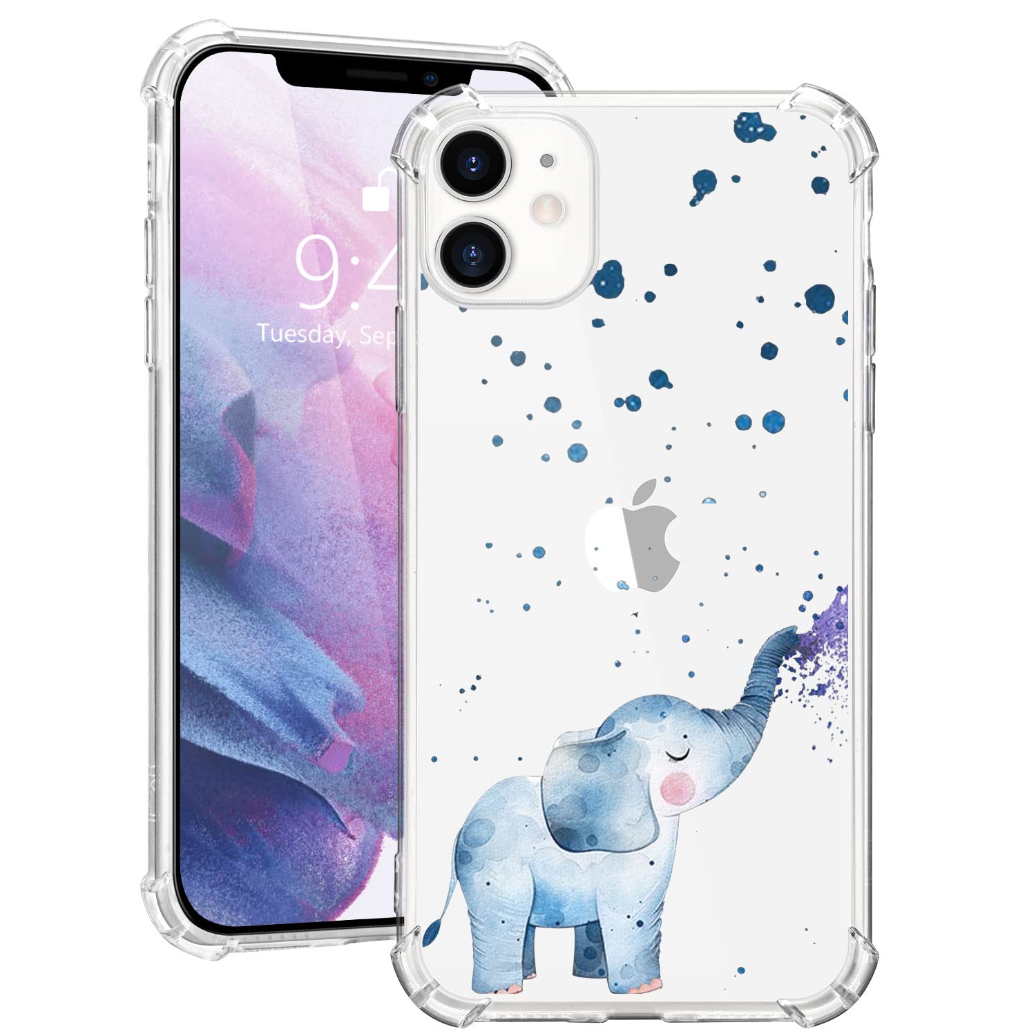 MAYCARI Cute Painting Blue Elephant Case Clear for iPhone 12/12 Pro 6.1 Inch, Art Animals Pattern Transparent Shockproof Anti-Scratch Soft TPU Cover with Air Cushion for Men&Women