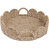 GYASVWU Seagrass Scalloped Tray with Handles,Round Rattan Serving Trays for Coffee Table,Woven Tray for Ottoman Decorative and Organizer Trays (Seagrass)