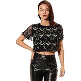 Allegra K Women's Sequin Shiny Glitter Crop Top Christmas Short Sleeves Sexy Party Tassel T-Shirt