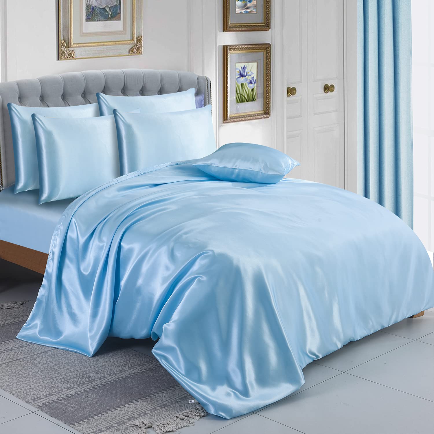 ZIMEL HOMES Six Pieces Satin Bedding Sets Duvet Cover, Fitted Sheet, 4 Pillowcases | Complete Silky Bedding Set