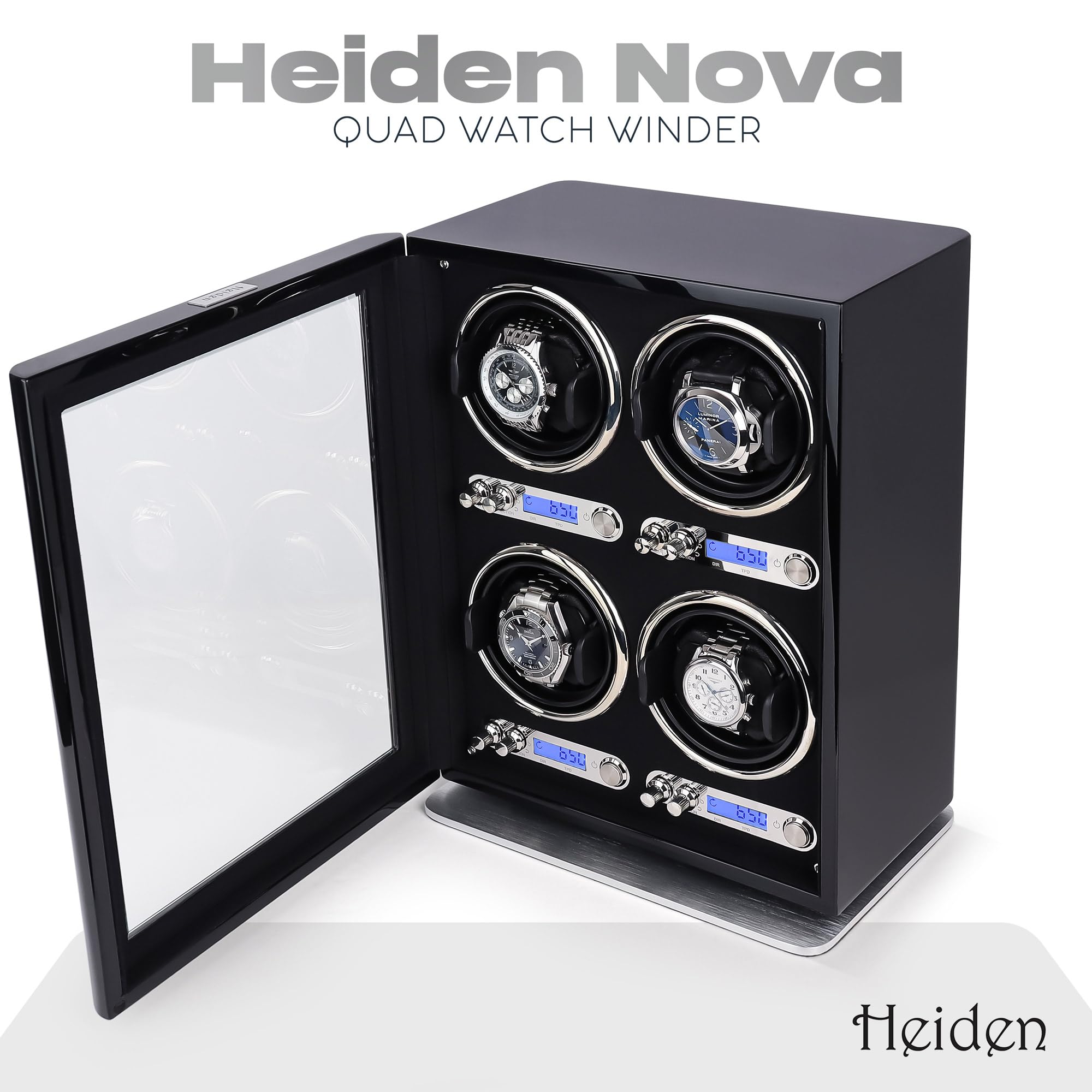 Heiden Quad Watch Winder - Direct Drive Brushless Motor, LCD Digital Controls - Zero Magnetization, 100+ Setting Combination, Ultra Quiet Nova 4 Watch Winder for Automatic Watches Such as Rolex