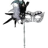 MYSEUNI 2025 New Masquerade Mask for Women with Stick - Shiny Women's Feather Mardi Gras Venetian Mask for Costume Accessory