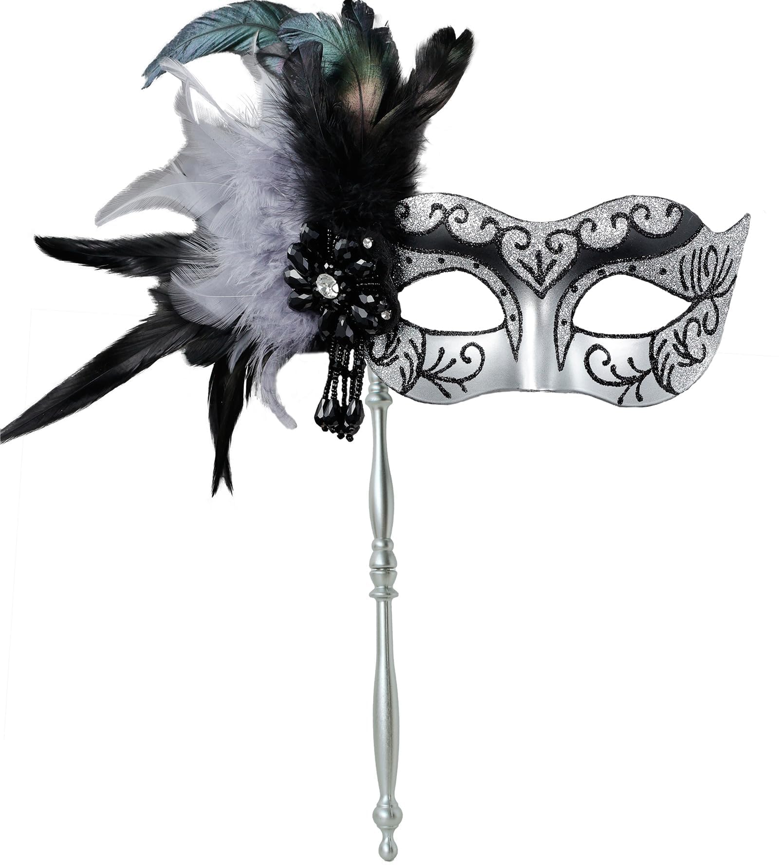 MYSEUNI Silver Masquerade Mask with Stick, Shiny Mardi Gras Venetian Mask for Women Halloween Party Carnival Cosplay Prom Christmas Wedding Bar Costume Accessory