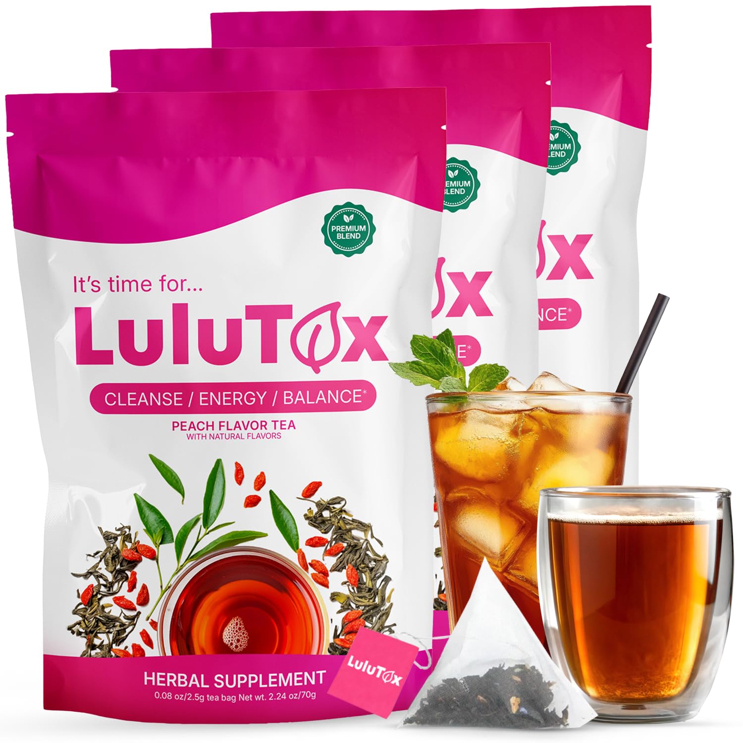 LULUTOX Detox Tea - Herbal Blend with Dandelion, Ginseng, and Ginger - Supports A Healthy Weight, Digestive Health - Vegan, All Natural, Laxative-Free - Peach Flavor (3 Pack x 28 Servings)