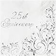 Crisky Silver Foil 25th Anniversary Cocktail Napkins for Silver Wedding Party Decoration, 3-Ply Disposable Beverage Dessert Napkins, 50 Counts