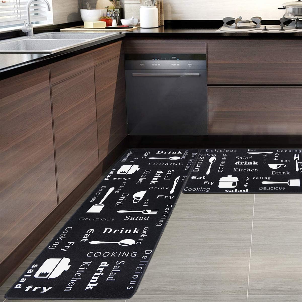 HEBE Anti Fatigue Kitchen Rug Set 2 Pieces Cushioned Kitchen Floor Mats Set Comfort Heavy Duty Standing Mats Waterproof Non Slip Kitchen Rugs and Runner Sets,Black Kitchen: Kitchen & Dining