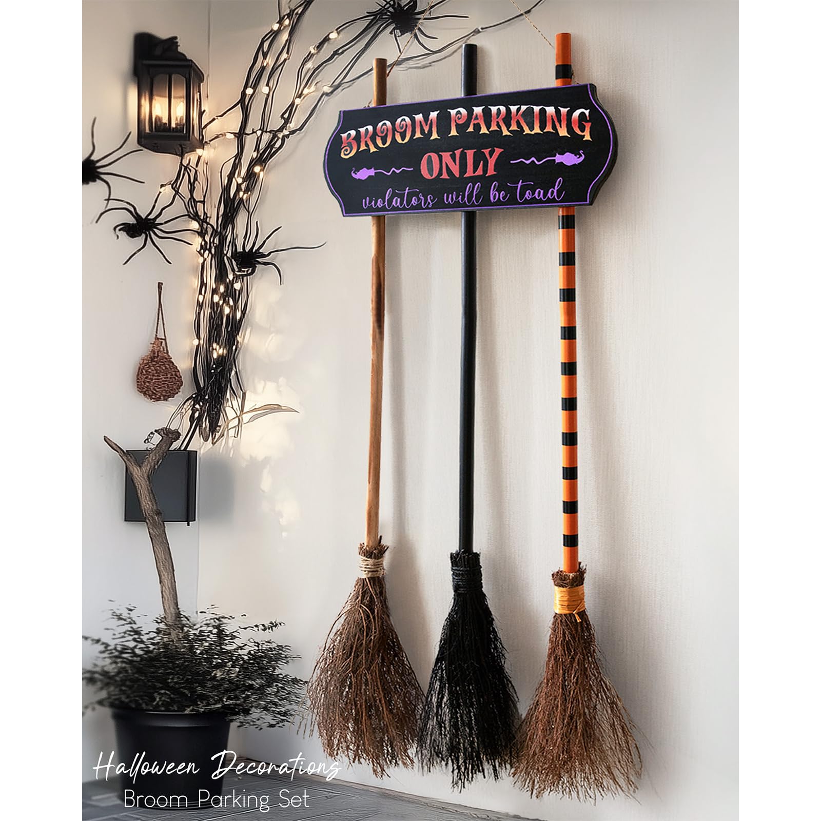 Photo 1 of Halloween Decorations - Halloween Decor - Broom Parking Sign with 3 Wooden Witches Brooms - Cute Hocus Pocus Front Porch Wall Decor for Indoor Outdoor Home Office Party Decoration