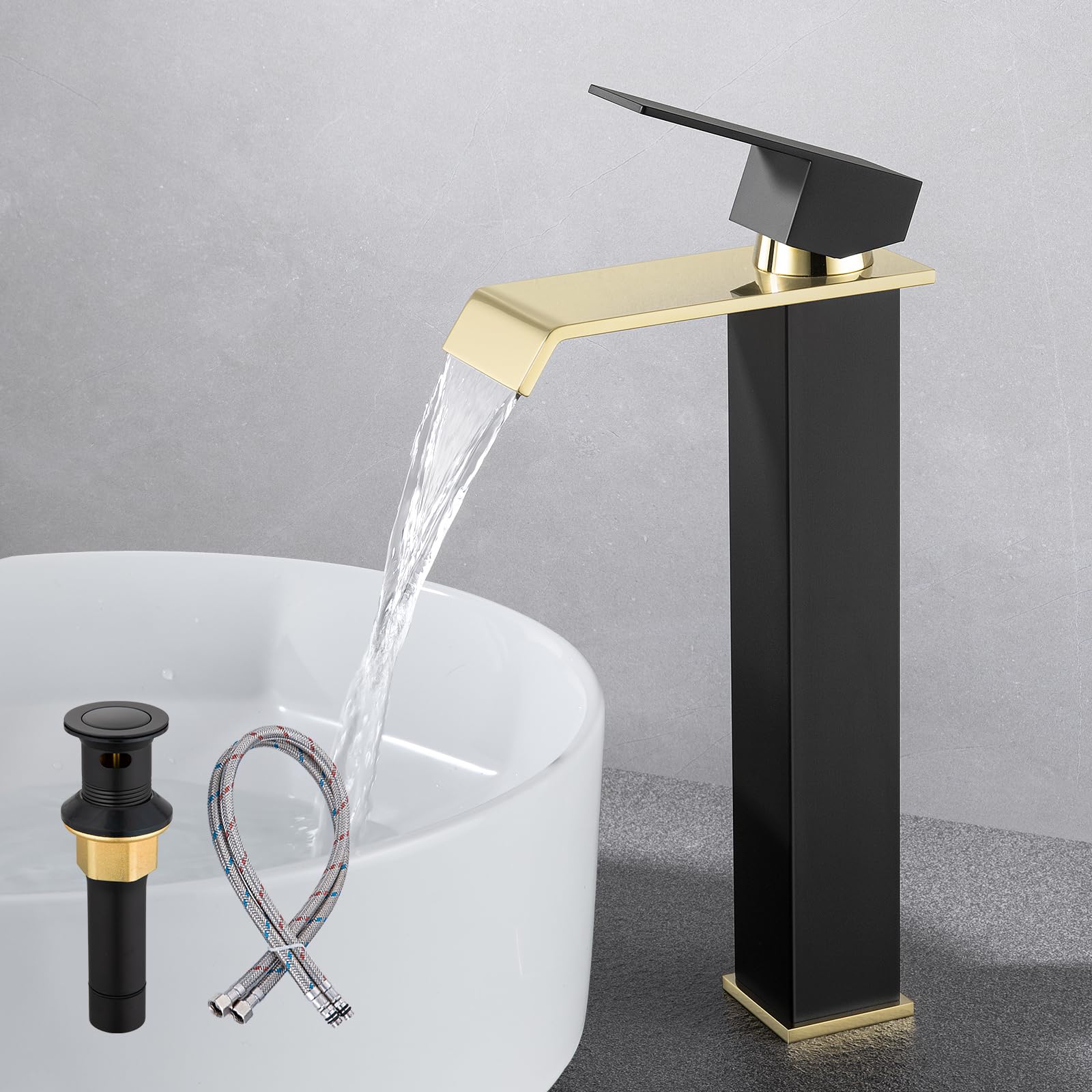 Borlon Waterfall Tall Bathroom Faucet, Black and Gold Single Hole ...