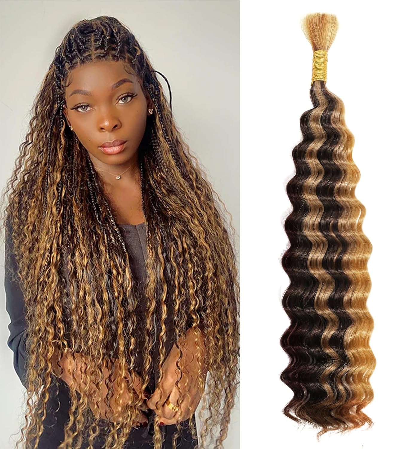 Ombre Braiding Hair 50g 24 Inch Deep Water Wave 2 Bundle Bulk Human Hair for Braiding 10A Brazilian Virgin Highlight Curly Hair Extensions for Boho Braids Wet and Wavy Honey Blonde Braiding Hair