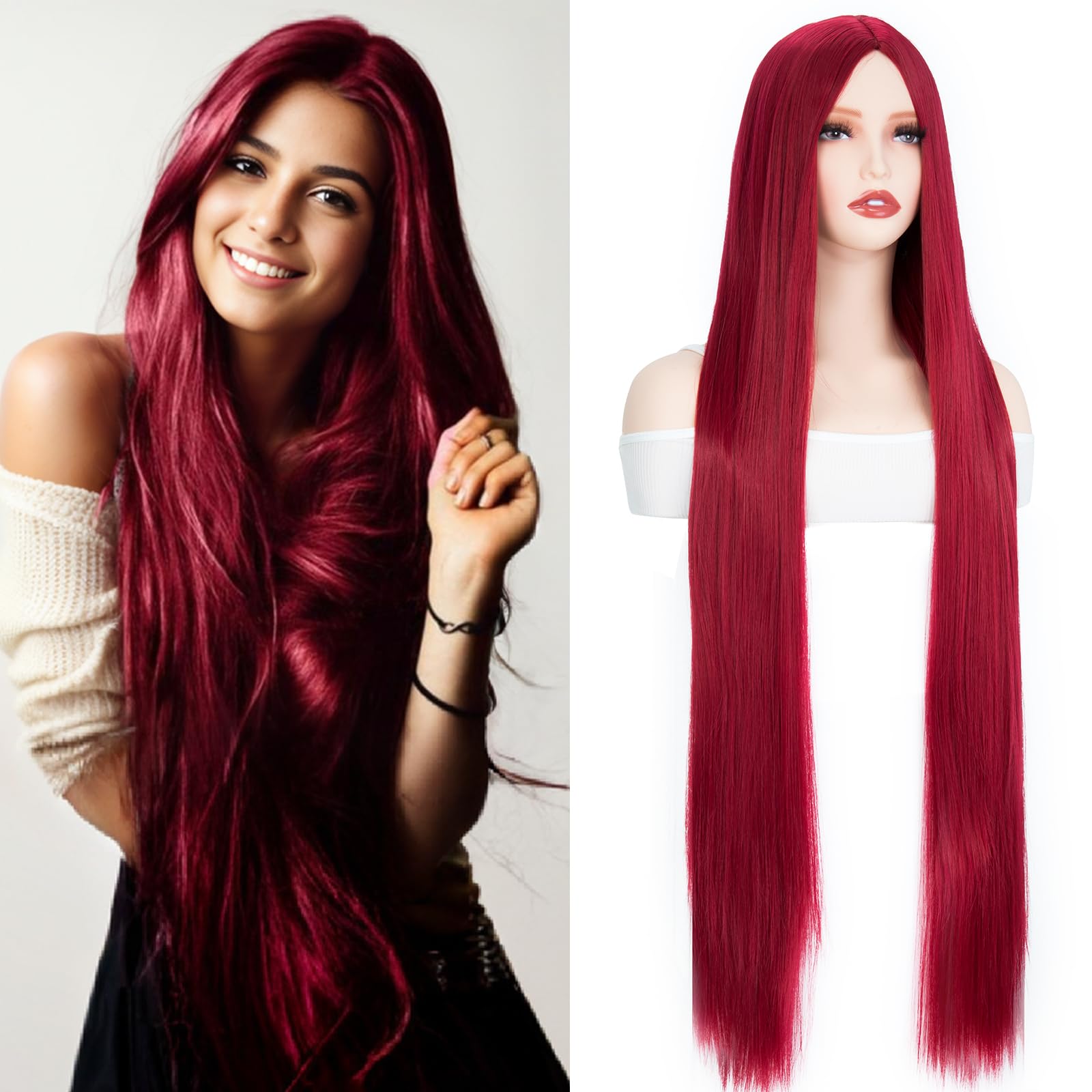 BUYOGET Long Red Wigs for Women 40 Inches Straight Wig for Adults Costume Halloween Cosplay Anime Party — image 1