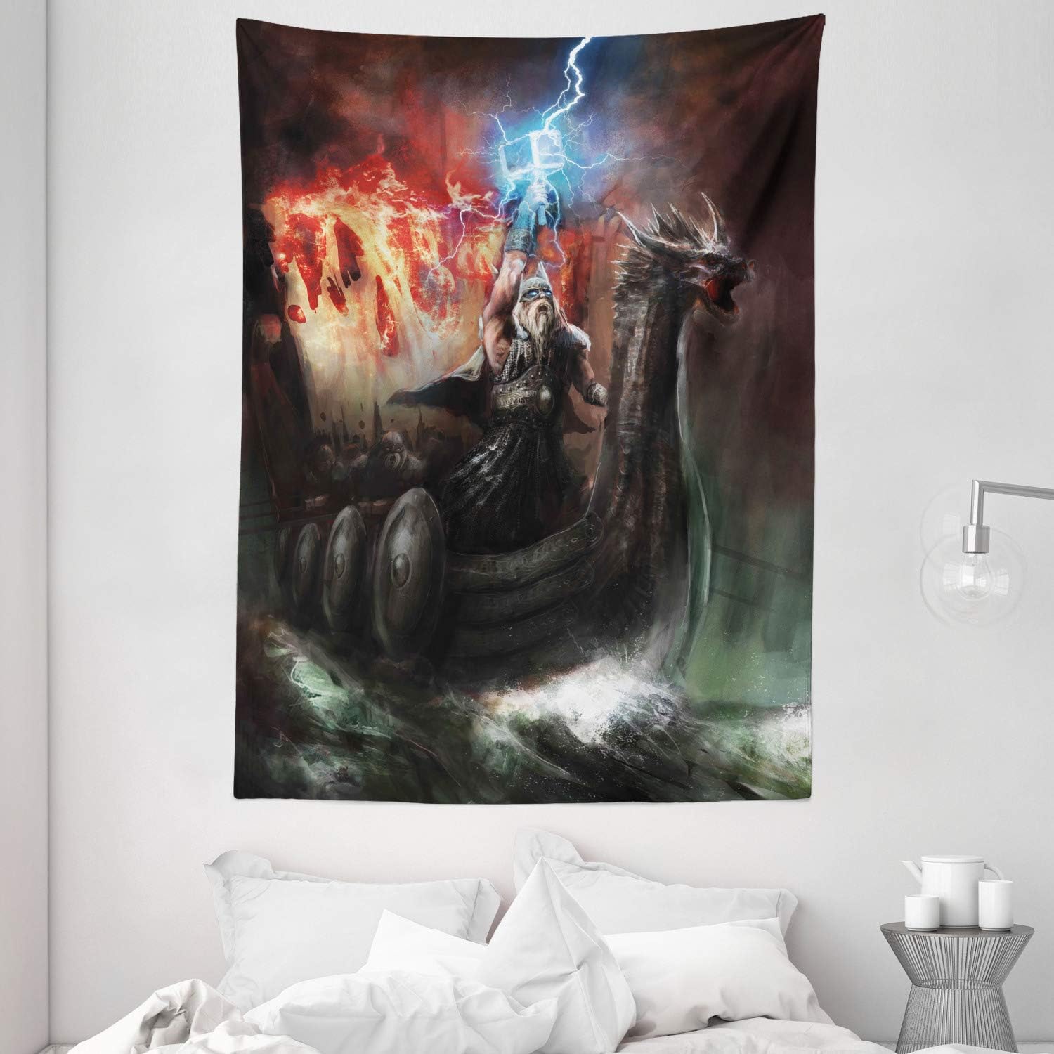 Amazon Com Ambesonne Dragon Tapestry Imaginary Wrath Of Vikings Royal Boat With Dragon Head Storm Rays Wall Hanging For Bedroom Living Room Dorm 60 X 80 Charcoal Red Home Kitchen