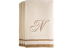 CREATIVE SCENTS Monogrammed Gifts, Fingertip Towels, 11 x 18 Inches - Set of 4- Decorative Golden Brown Embroidered Towel - Extra Absorbent 100% Cotton- Personalized Gift- for Bathroom/Kitchen- Initial N (Ivory)