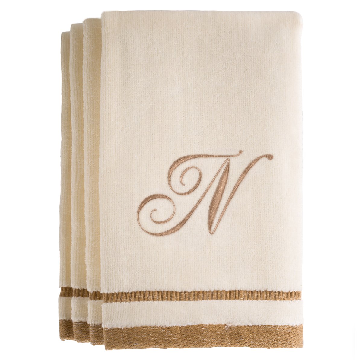 Monogrammed Gifts, Fingertip Towels, 11 x 18 Inches - Set of 4- Decorative Golden Brown Embroidered Towel - Extra Absorbent 100% Cotton- Personalized Gift- for Bathroom/Kitchen- Initial N (Ivory)