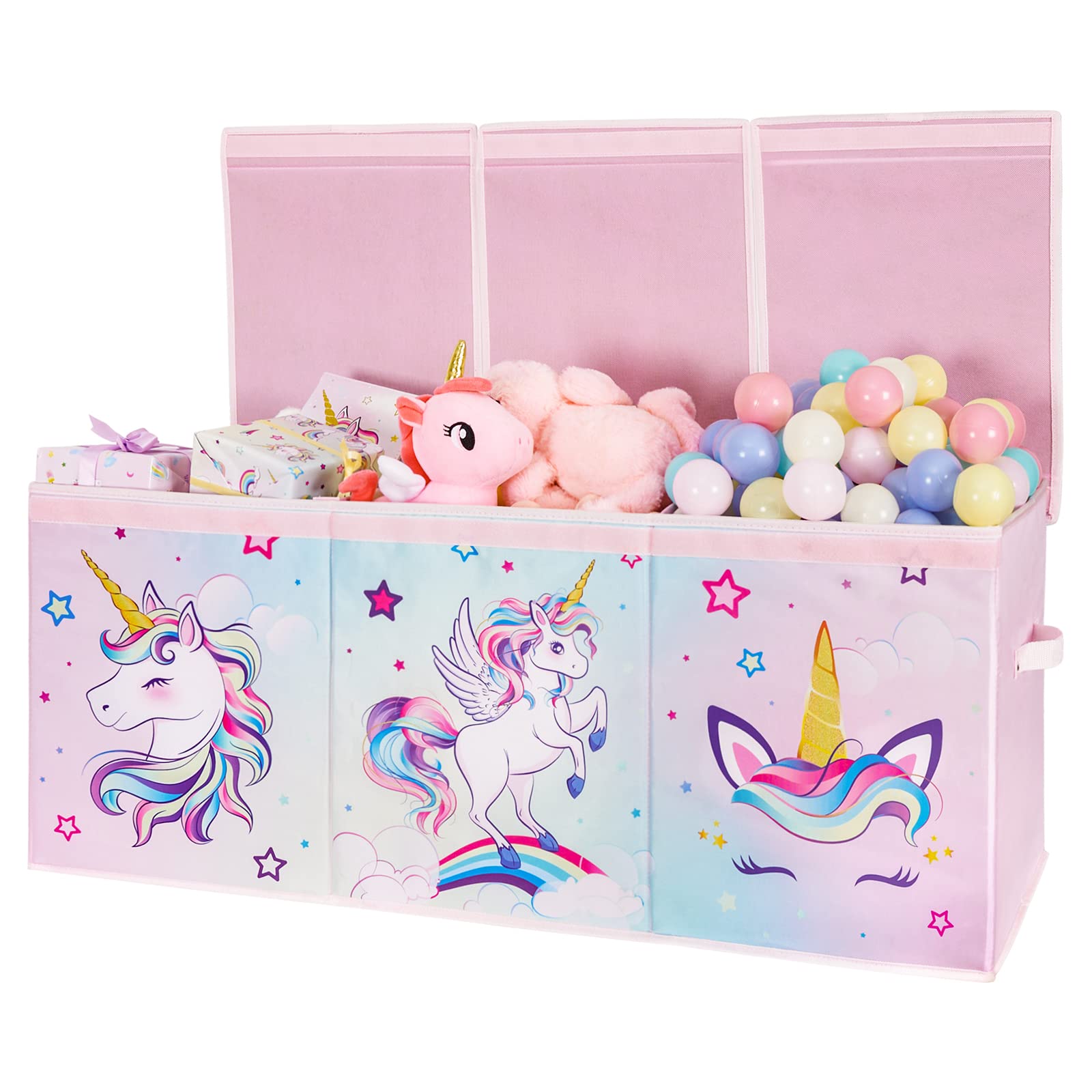 WERNNSAI Large Toy Box - Unicorn Toy Storage Organizer with Flip-Top Lid Collapsible Sturdy Pink Toy Chest with Handles 96 x 32 x 40 cm for Kids Girls Closet Nursery Living Room Bedroom Playroom