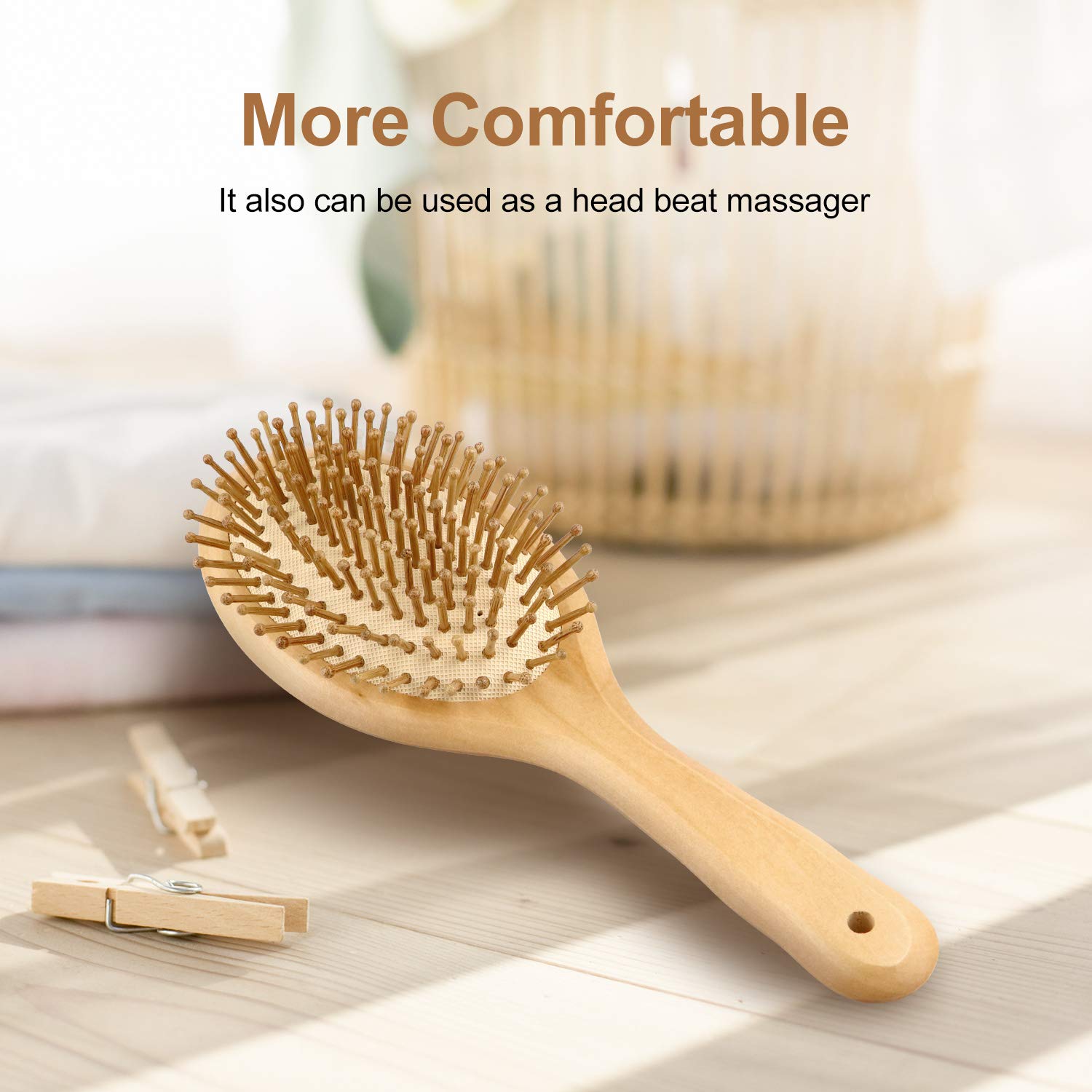 SENWOW Wooden Hair Brush with Wooden Bristles, Anti Static Detangling Cushioned