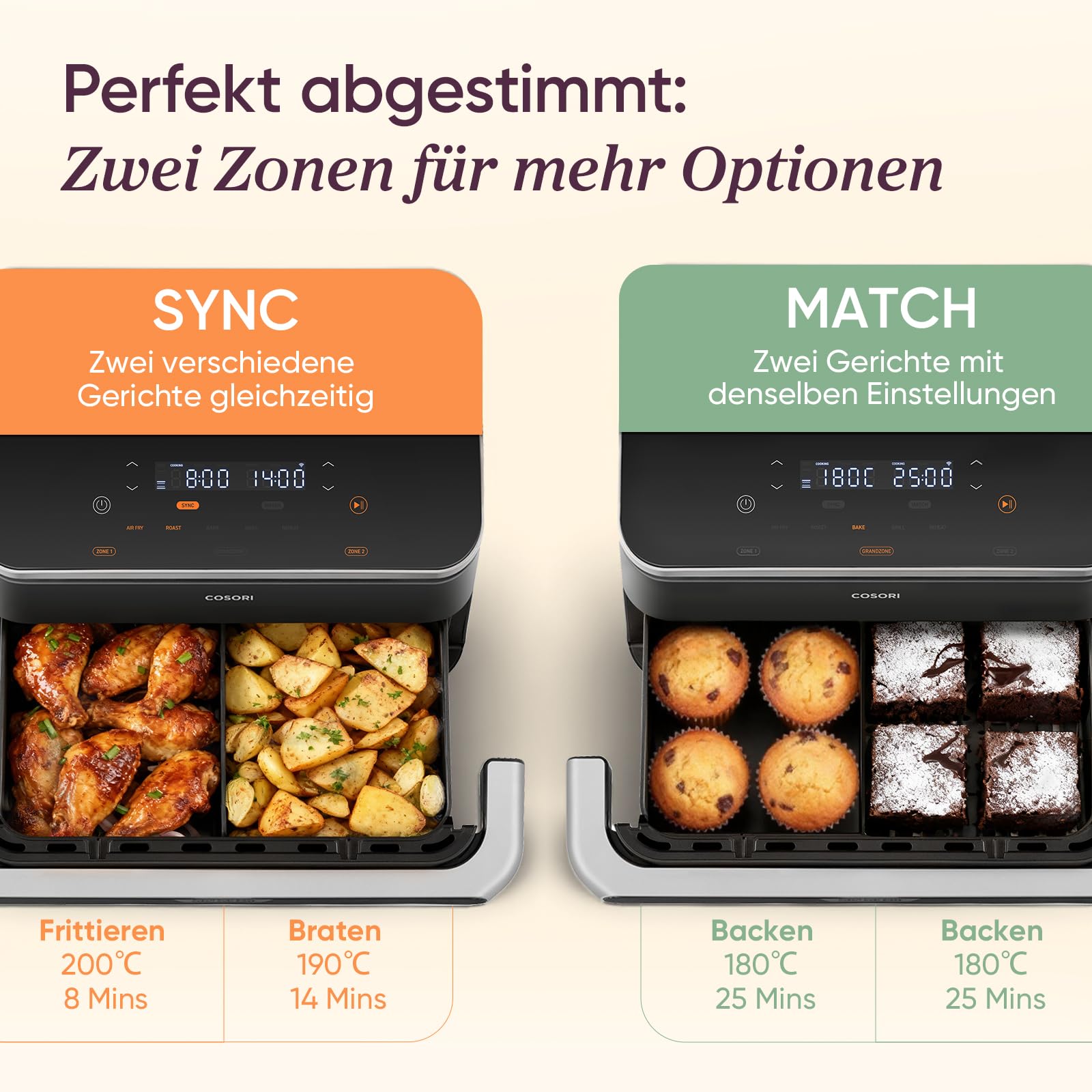 COSORI Heißluftfritteuse 2 Kammern, Dual Blaze TwinFry 10L Airfryer, mit 4 Heizrohren und flexiblen Kammern, gleichmäßige Hitzeverteilung, Temperatur bis 240 Grad C, Schwarz, TF102S 8