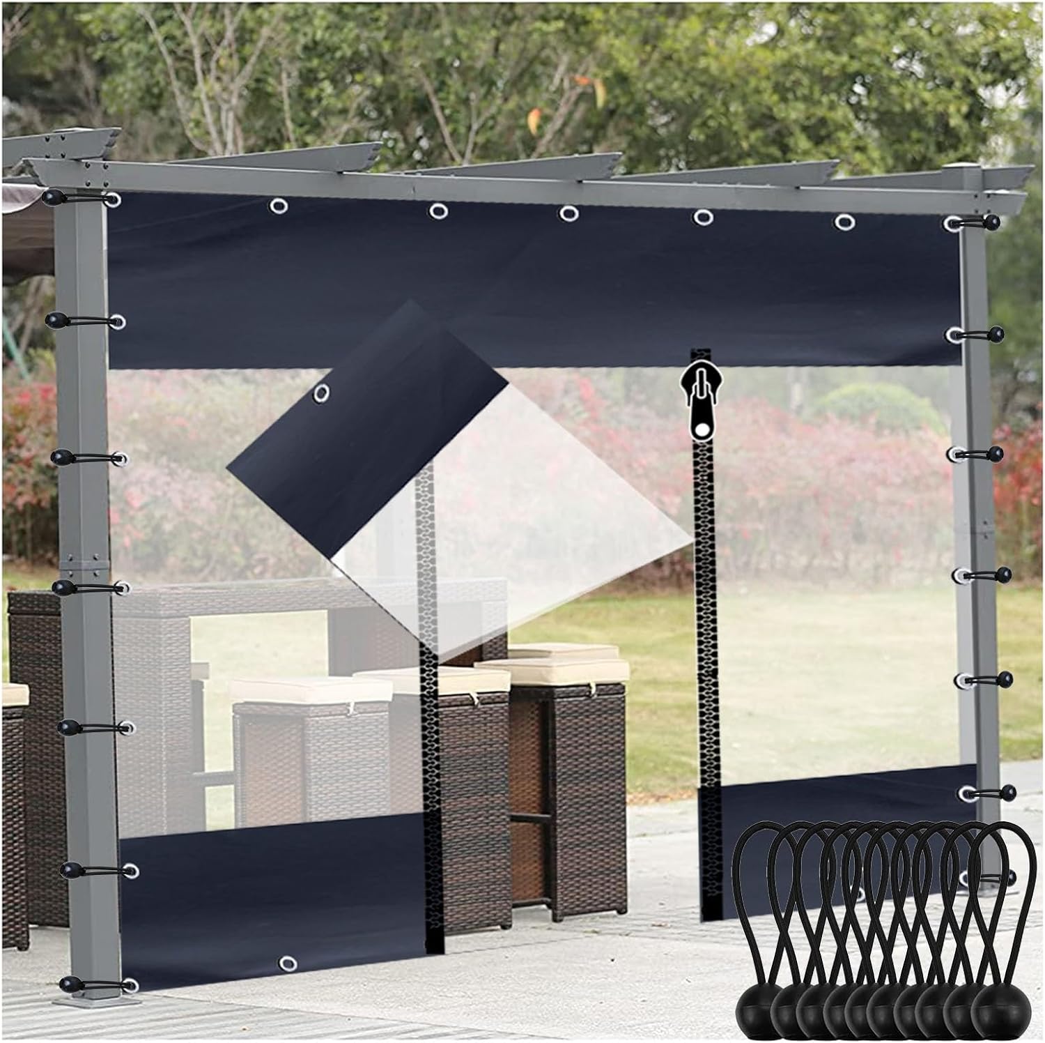 Outdoor Curtains - Clear Vinyl Tarp with Zipper Door, 0.5mm Patio Enclosure Outdoor Waterproof for Pergola Porch with Elastic Cord HUUUD (Color : Clear, Size : 10.5x8.2'/3.2x2.5m)