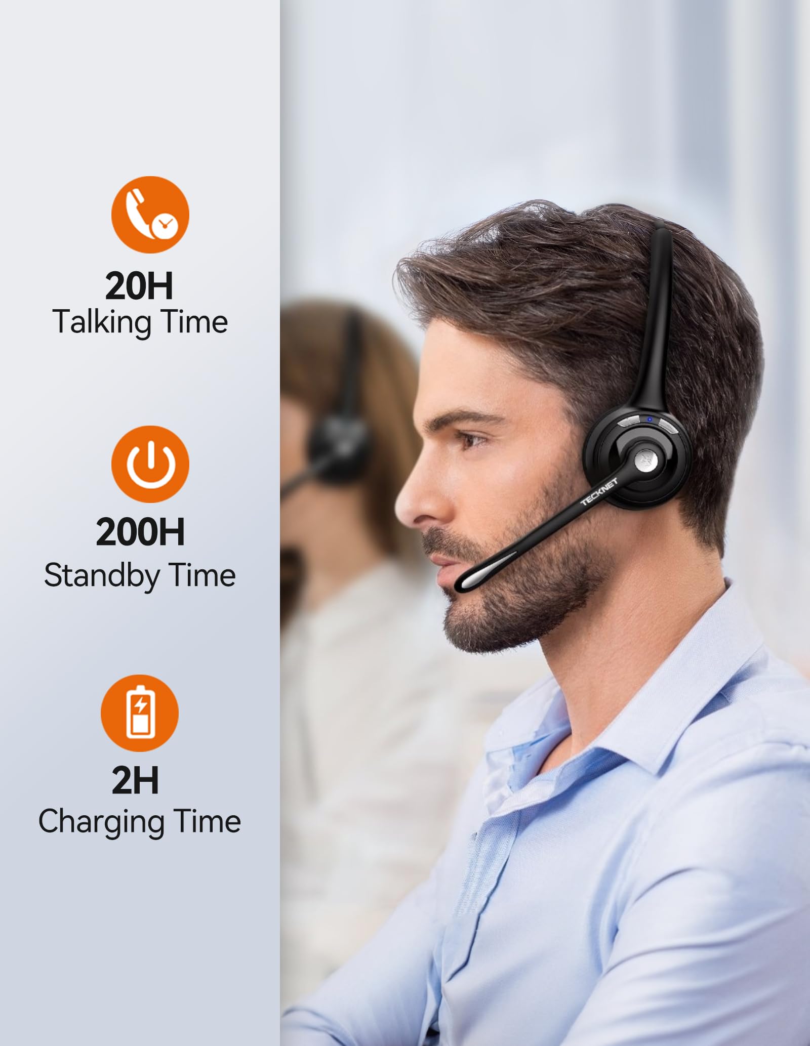 TECKNET Bluetooth Headset, Wireless Headset with Noise Canceling Microphone for Trucker, On-Ear Bluetooth Headphone with Mute Mic for Work