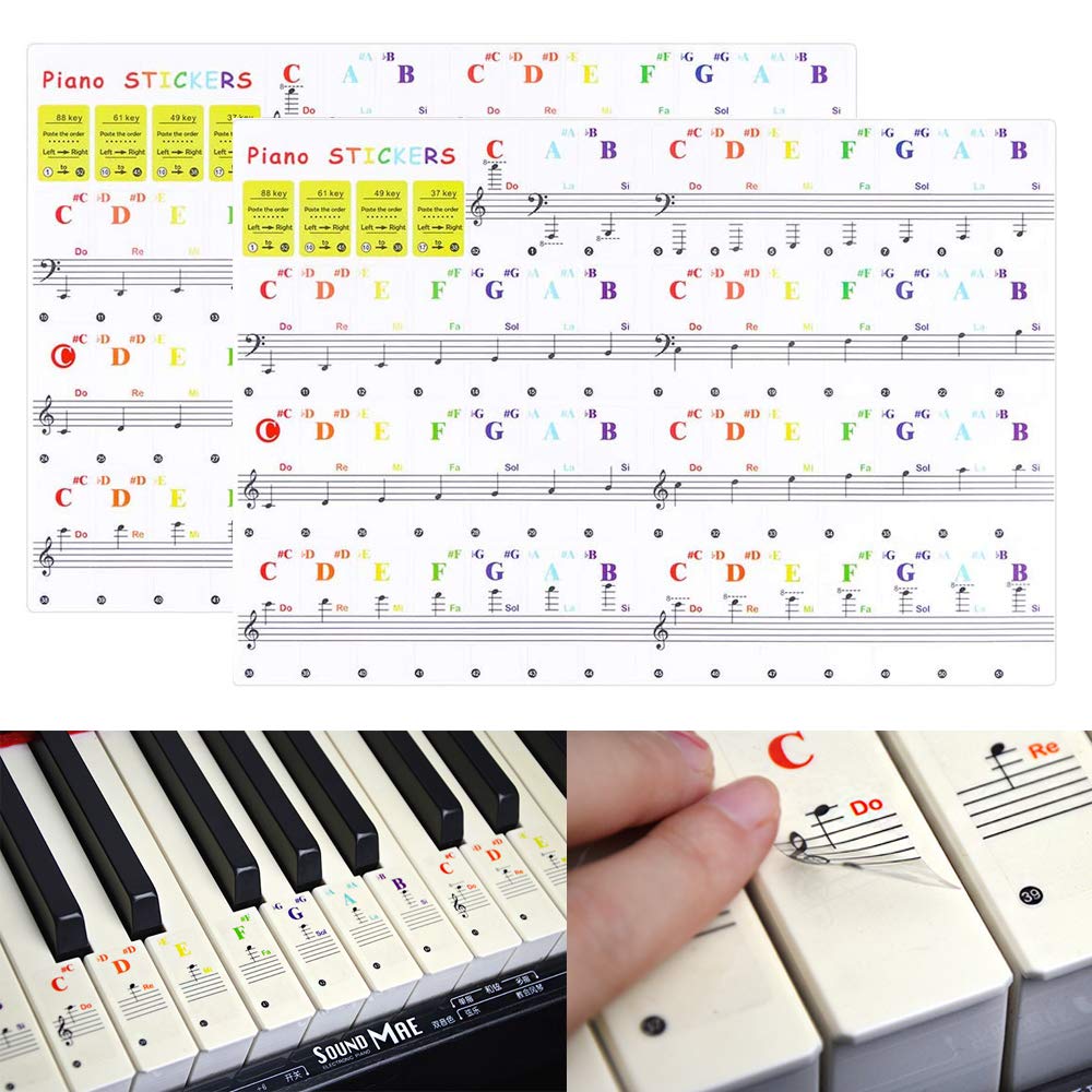 Koldot Piano Keyboard Stickers for 88/61/54/49/37 Keys - Removable Do Re Mi Note Stickers, Colorful Large Bold Letter Staff for Kids & Beginners Learning 2PC (Multicolor)