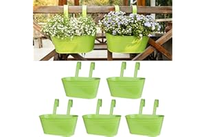 LOVOUS 5 Pack Railing Planter for Outdoor Plants Balcony Hanging Flower Pots with Detachable Hooks Metal Hanging Planters for Fence Garden Yard Patio Porch Home Decor,LightGreen