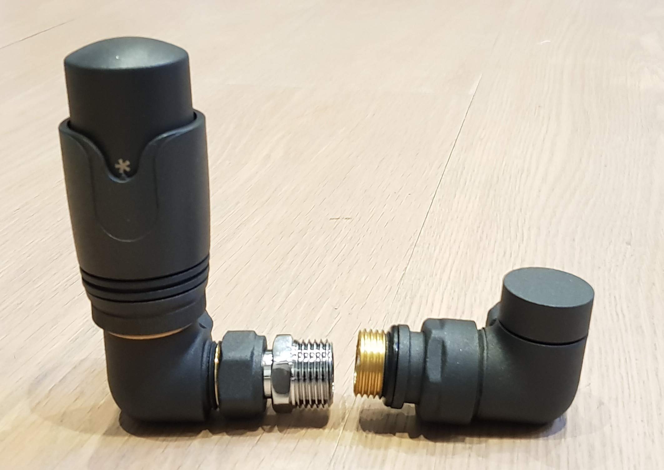 Anthracite Corner Angled Towel Rail Thermostatic Radiator Valves TRV & Lockshield Pair