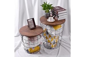Home-Man Round Nesting Retro Wire Coffee Tables Stacking Storage Convertible Metal Basket Nesting Accent Side End Tables with Storage for Living Room Bedroom Home (Brown, Set of 2)