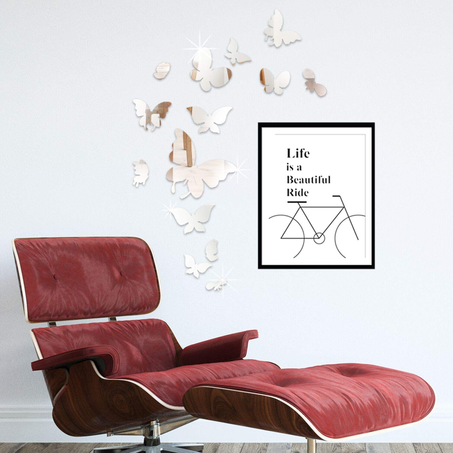 Walplus 58 x 80 cm "Bicycle Quote + 14 Mirror Butterflies Wall Art" Removable Wall Stickers Frame Sticker Office Home Decoration, Multi-Colour