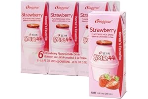 W&E MART Binggrae Strawberry Flavored Milk Drink - Sweet & Creamy Korean Beverage, Shelf-Stable 6.8 fl oz Cartons (Pack of 6) - Delicious Strawberry Milk for Kids & Adults
