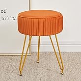 Leesingdo Velvet Vanity Stool, Modern Ottoman Foot Rest Stool with Adjustable Golden Legs, Makeup Chair for Vanity, Multifunctional Small Vanity Chair for Bedroom, Orange