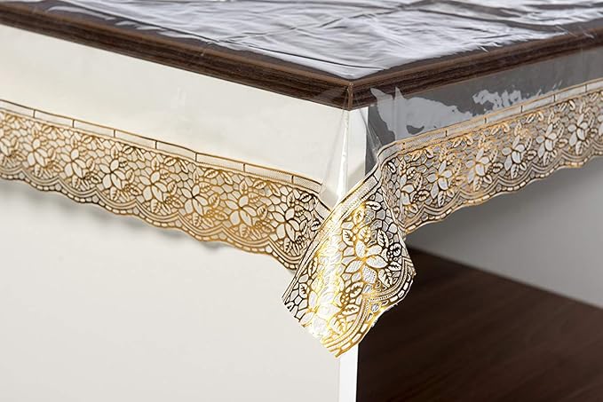 HomeStrap Heavy PVC 6 Seater Dining Table Cover (60 x 90 Inch) Waterproof Transparent Golden lace