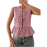 Verdusa Women's Gingham Plaid Peplum Blouse Y2K Bow Tie Sleeveless Going Out Tank Tops