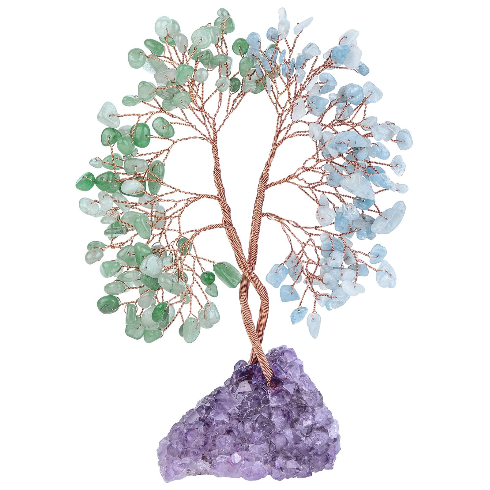 KYEYGWO Aquamarine & Green Aventurine Crystal Money Tree with Natural Amethyst Cluster Base, Fengshui Bonsai Tree Decoration Stone Lucky Gemstone Ornament for Home