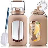 WINSA Large Glass Water Bottles with Stainless Steel Handle,100 oz Gallon Drinking Bottle with 2-in-1 Straw Lid,3 Liter Glass Water Jug with Silicone Sleeve,Wide Mouth,Amber