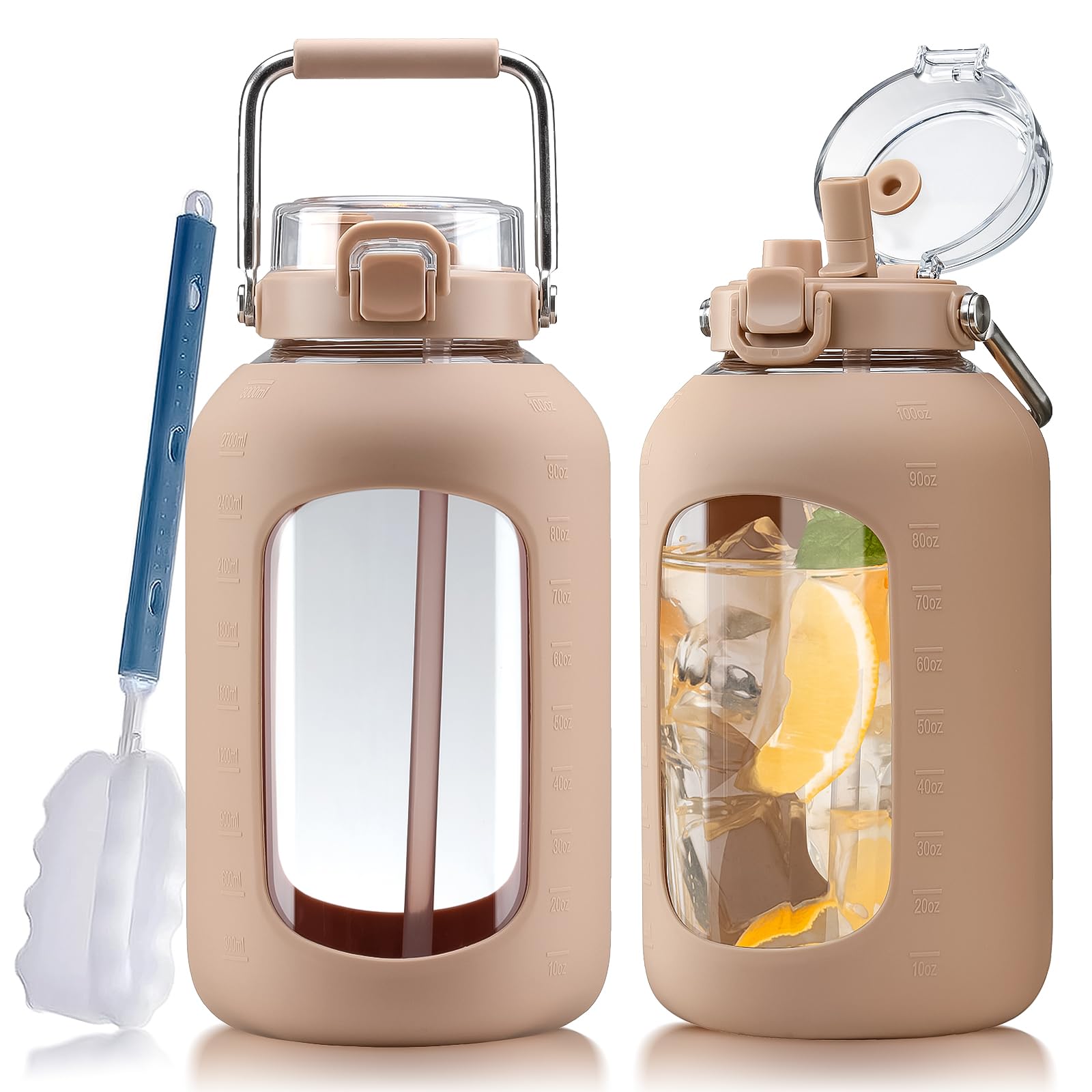 Photo 1 of WINSA Large Glass Water Bottles with Stainless Steel Handle,100 oz Gallon Drinking Bottle with 2-in-1 Straw Lid,3 Liter Glass Water Jug with Silicone Sleeve,Wide Mouth,Amber