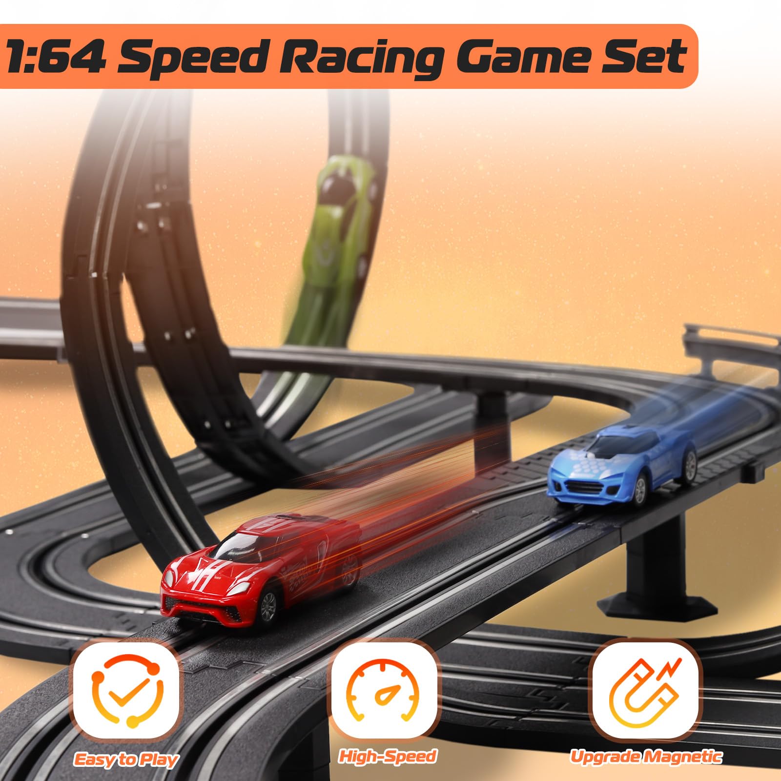 Slot Car Race Track Set, Battery or Electric Race Car Toys for 3 4 5 6+ Year Old Boys Gifts, 4pcs Slot Cars & 23 FT Dual Racing Game Lap Overpass Track, Gifts Toys for Boys Kids Age 6 7 8-12