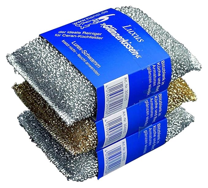 homiez 3er Set Glänzerkissen LUXUS Lurex Putzschwamm, Topfreiniger, Topfschwamm, 13 x 8 x 2,5 cm, Made in Germany!