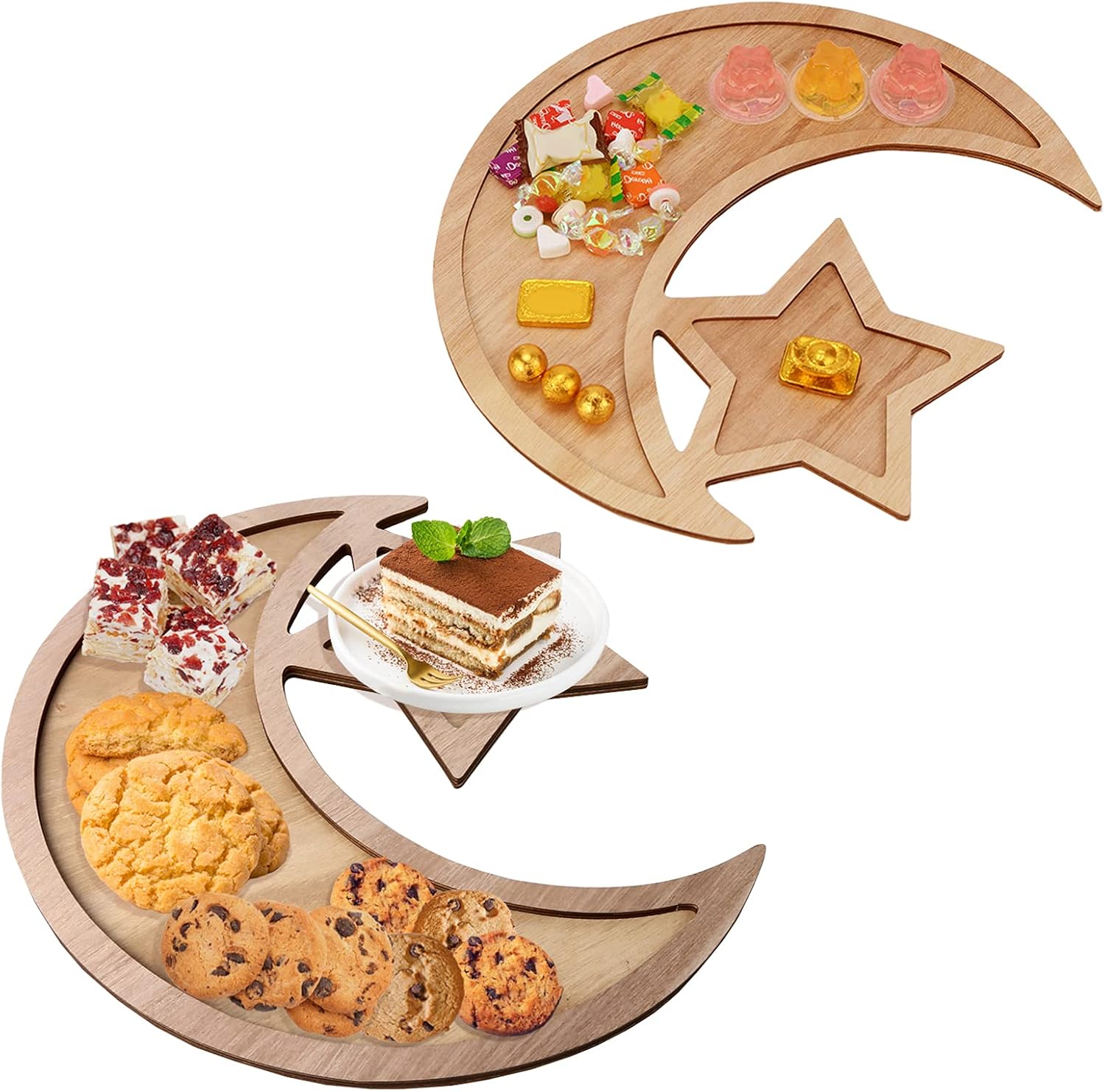 2Pcs Ramadan Wood Tray, EsLuker.ly Chic Wooden Eid Mubarak Party Food Serving Tableware Tray Moon Star Ramadan Table Tray Pastry Dessert Display Holder