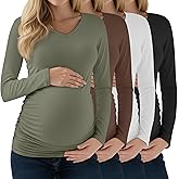 Huukeay 4 Pack Women's Maternity Shirts Long Sleeve V Neck Pregnancy Tops Side Ruched Casual Mama Clothes Basic Tunic T-Shirt