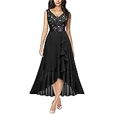 Miusol Women's Vintage V-Neck Sleeveless Sequined Floral Lace Ruffle Split Evening Party Dress