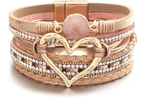 hotoo Leather Wrap Bracelet for Women Beaded Cuff Bracelet with Heart-shape Decor Bohemian Crystal Bracelet Jewelry with Clasp Bangle Bracelet for Women Girls Birthday Holiday Gift
