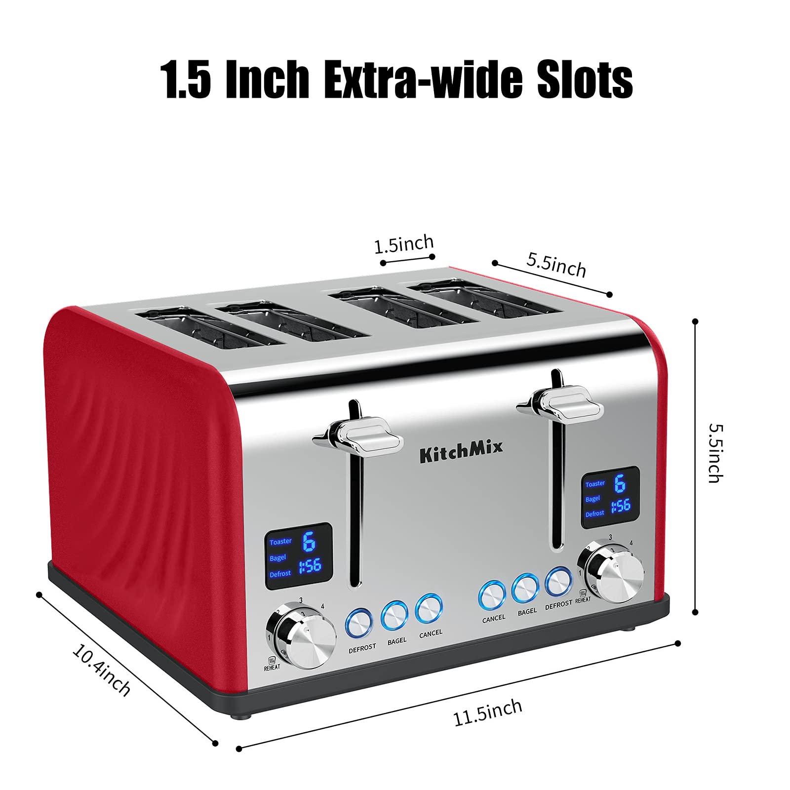 Tostadora de 4 rebanadas, Tostadora KitchMix Bagel de acero inoxidable con temporizador LCD, ranuras extra anchas, pantalla doble, bandeja para migas extraíble (rojo)