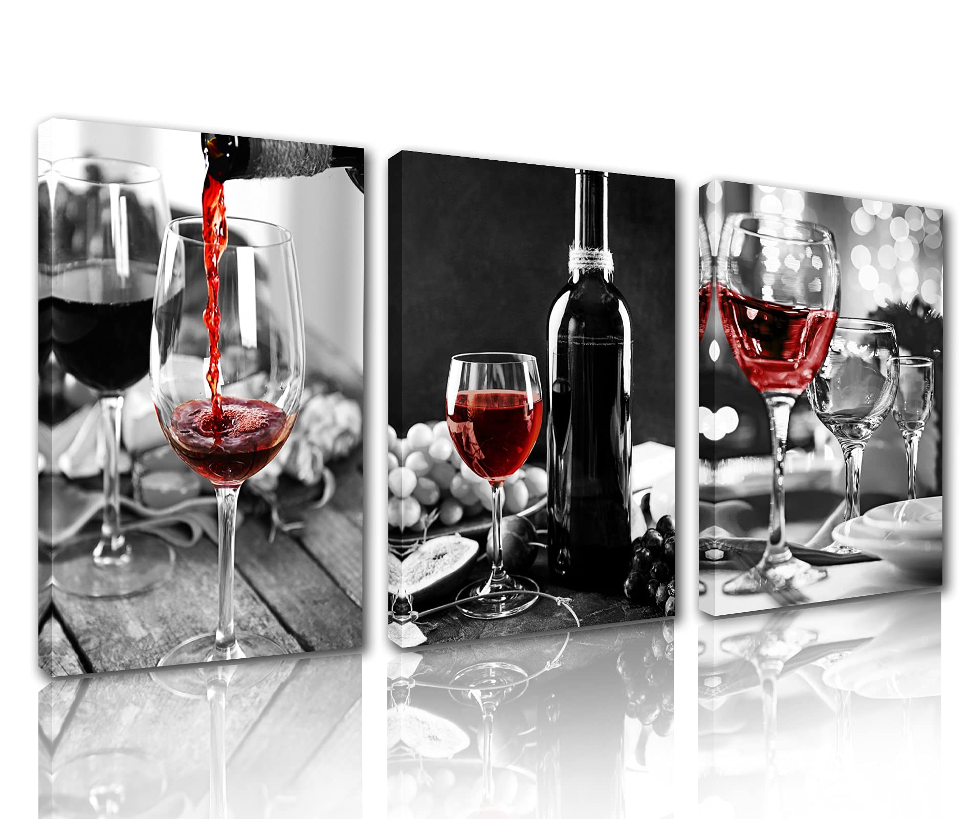 Dining Room Wine Pictures Black and White Paintings 3 Pieces Canvas Red Wine Cups Kitchen Wall Art Modern Artwork Home Decor Giclee Framed Stretched Ready to Hang(42x20 inches)
