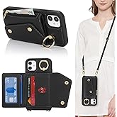 Lipvina for iPhone 11 Case with Card Holder and Strap - Zipper Pocket,Crossbody Lanyard Strap,Credit Card Holder,Stand Ring,Cute Phone Wallet Case for Women(Black,6.1 Inch)