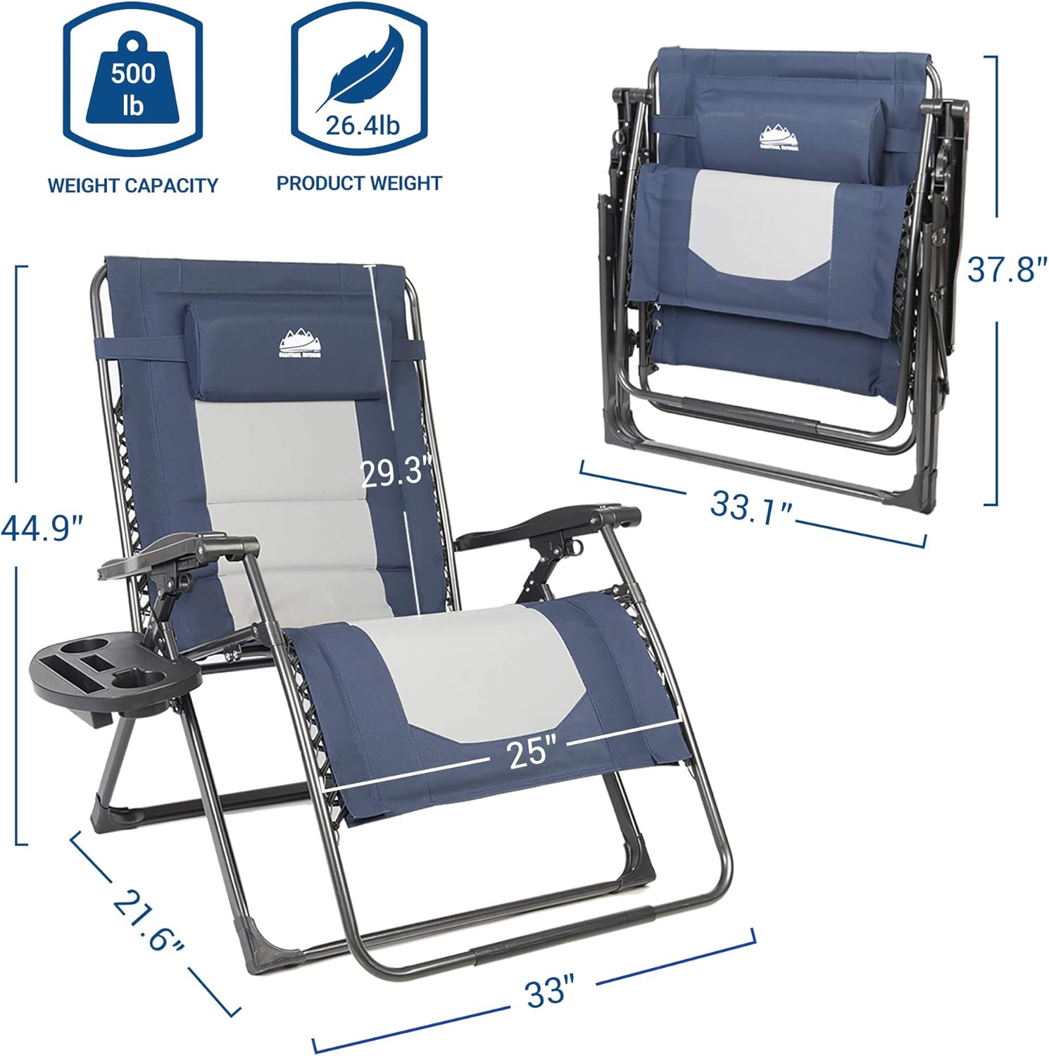 Coastrail Outdoor Zero Gravity Extra Large Armrest XXL Camping Lounge Patio Support 500lbs Padded Reclining Folding Lawn Chair with Side Table, Blue/Gray: Garden & Outdoor