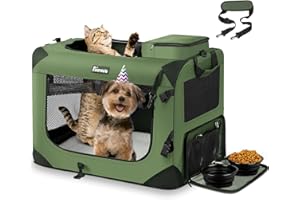 Reerooh Large Cat Carrier 24"x17"x17", Soft Dog Crate with 2 Bowls, Collapsible Travel Pet Carrier Bag for Cats Dogs Puppies Kittens (Green)